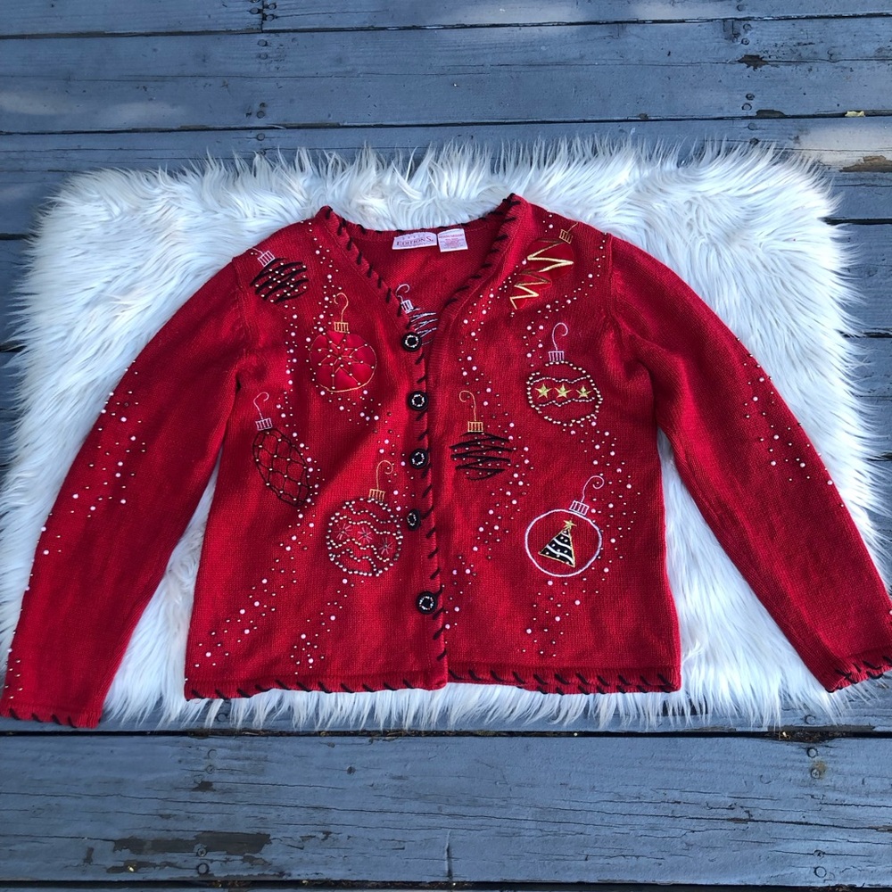 Vintage Holiday Christmas Red Embroidered Beaded Ugly Sweater Cardigan size M